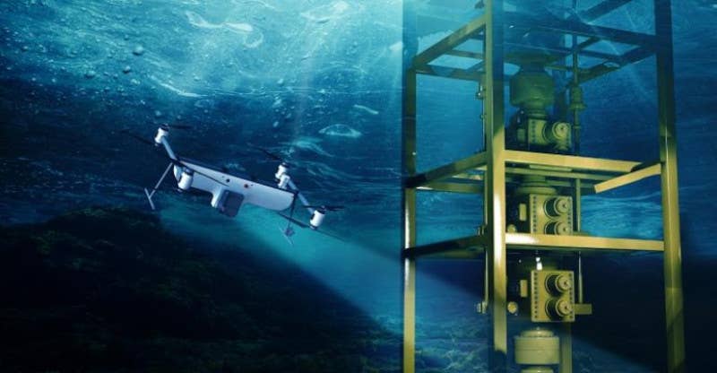 A rendering depicting a Naviator drone inspecting underwater oil or natural gas-related infrastructure. <em>SubUAS</em>