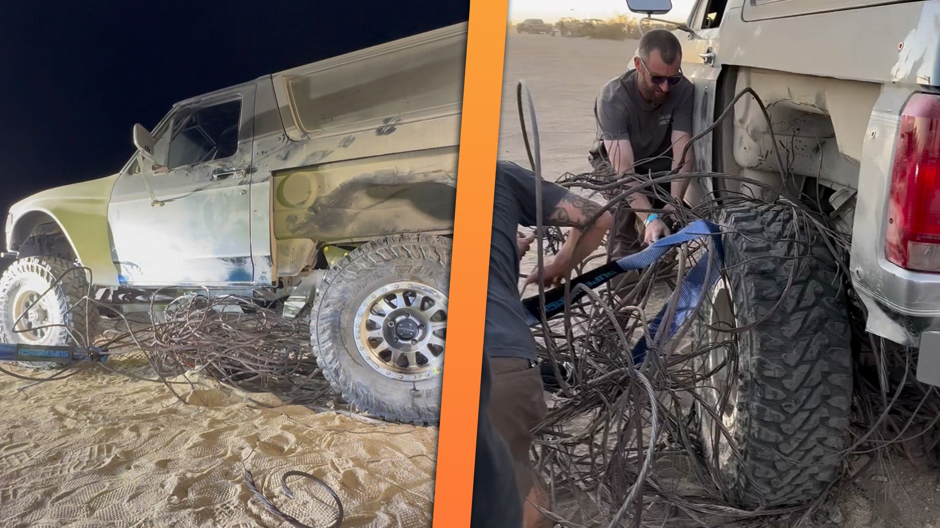 A Ford Bronco caught in a jumble of cables serves as a cautionary example of the hazards of desert littering.