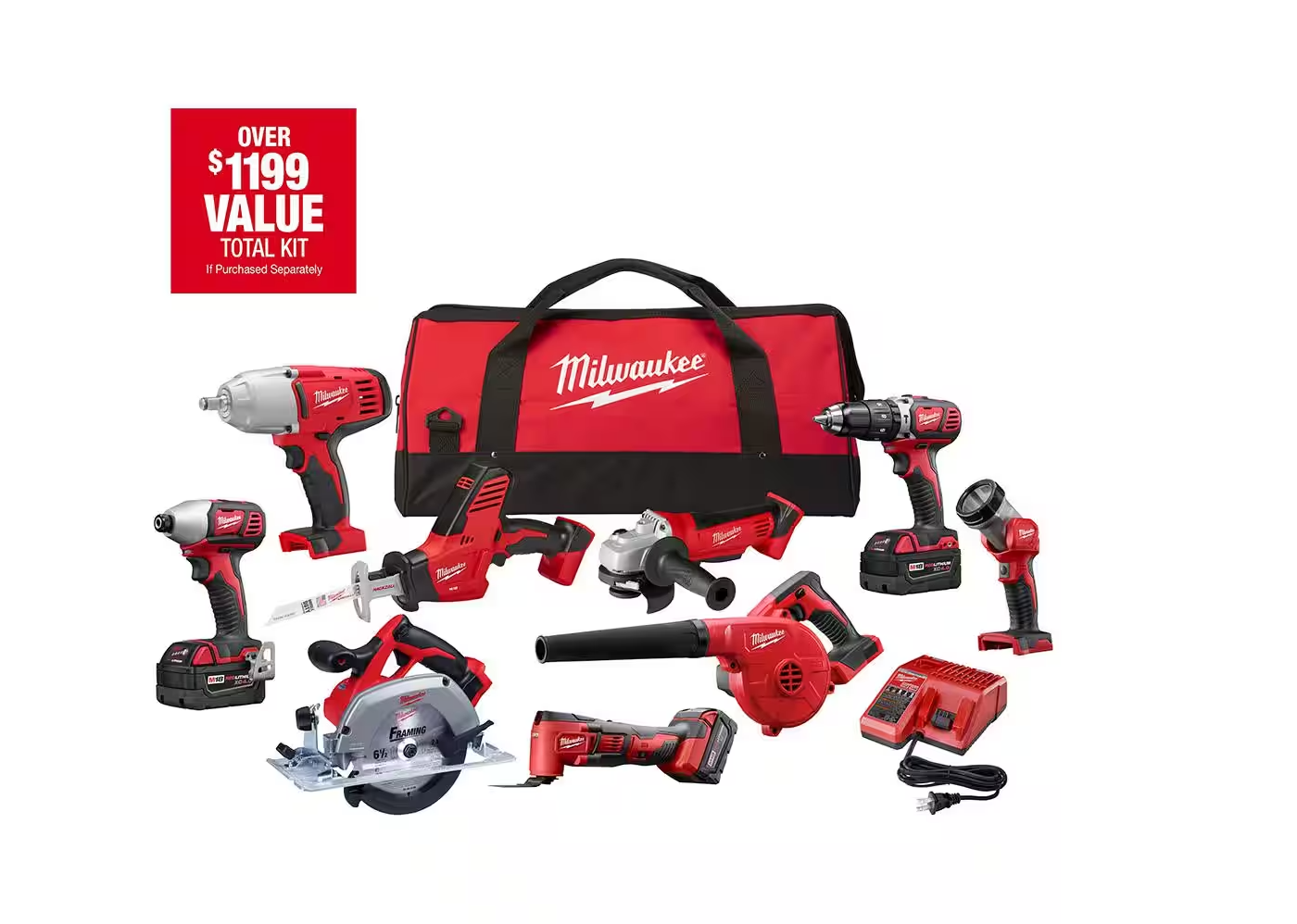 M18 18V Lithium-Ion Cordless Tool Kit (9-Tool) with (3) 4.0 Ah Batteries, Charger, Bag ($600 off)
