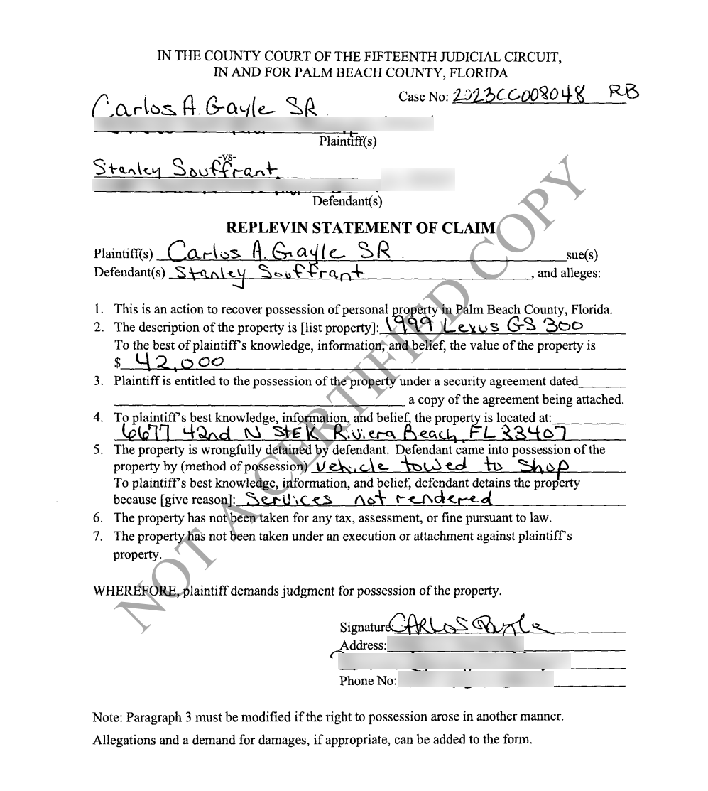A replevin statement of claim filed by Carlos A. Gayle dated June 23, 2023 about a Lexus that Stanley Souffrant was allegedly holding.