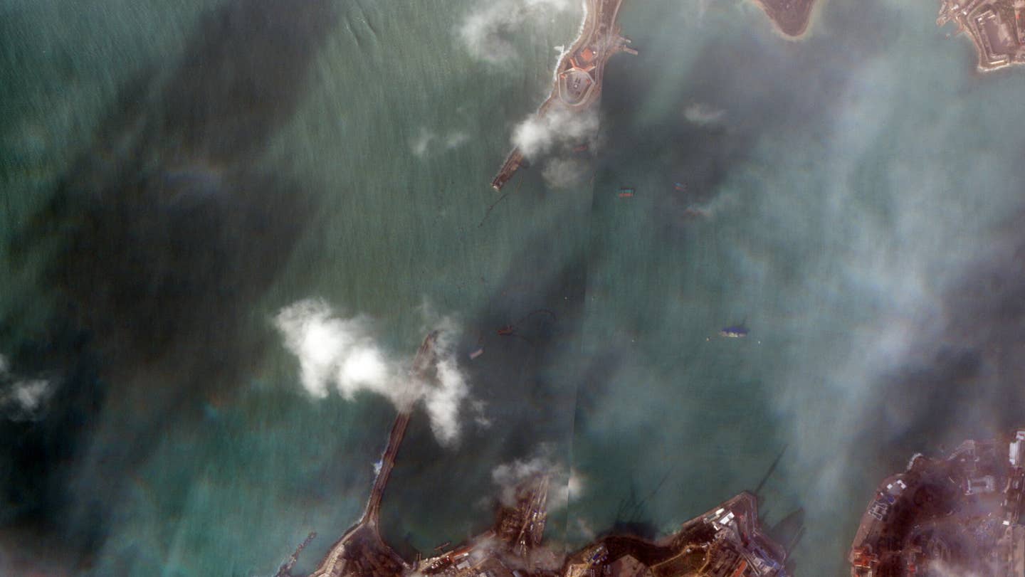 This Planet Labs satellite image shows Russian defenses at Sevastopol Harbor severely affected by yesterday's hurricane-like storm.  <em>PHOTO © 2023 PLANET LABS INC. ALL RIGHTS RESERVED. REPRINTED BY PERMISSION</em>