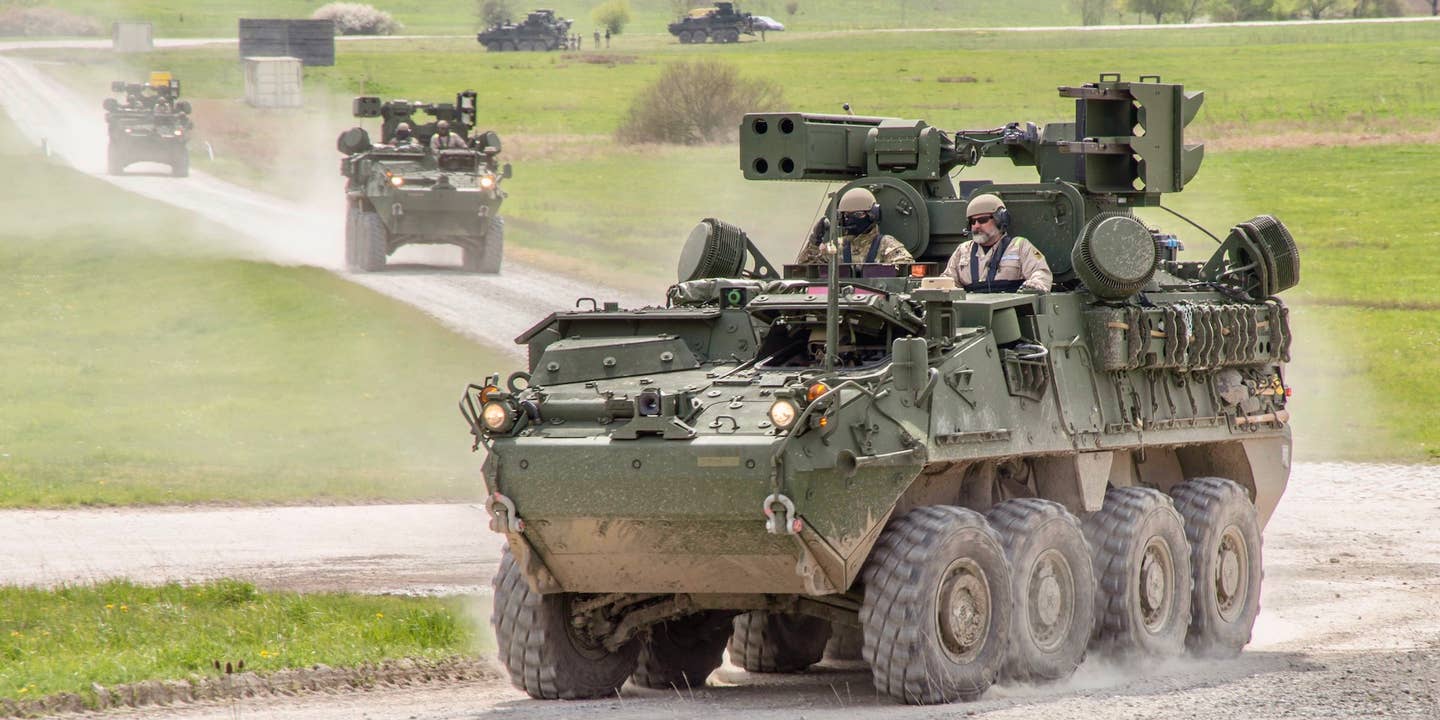 U.S. Army Soldiers with C - Battery, 5th Battalion, 4th Air Defense Artillery, 10th Army Air &amp; Missile Defense Command, conduct drivers Training on the M-SHORAD Stryker, April 23, 2023, at the Oberdachstetten Range Complex, Germany