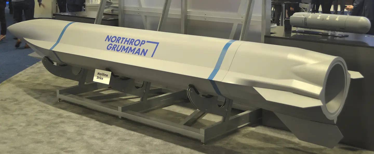 A mockup of the maritime strike missile concept Northrop Grumman unveiled earlier this year.<em> Joseph Trevithick</em>
