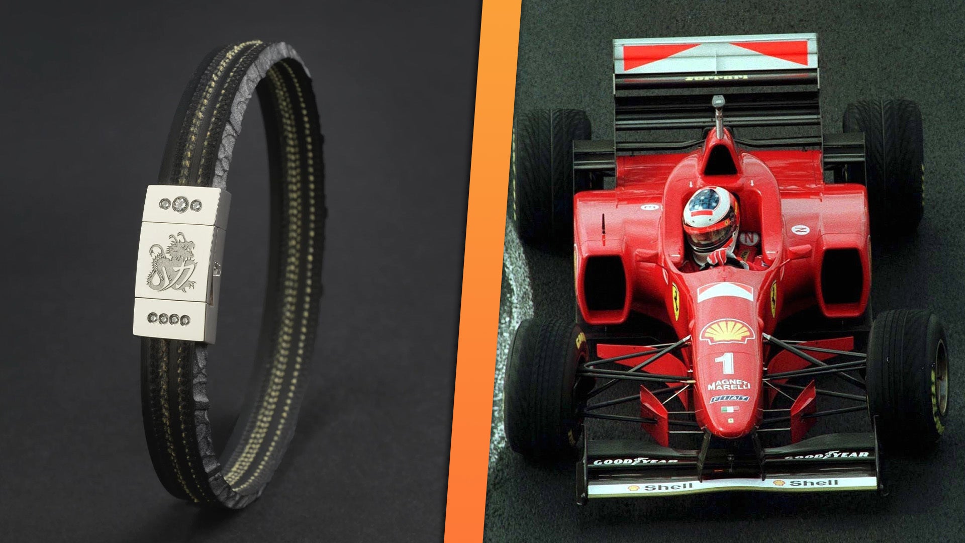 A bracelet made from the tire that helped Michael Schumacher win a race in F1 is now available for purchase.