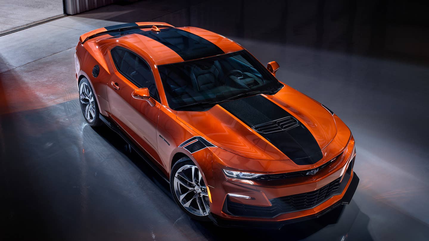 Overhead view of 2023 Chevrolet Camaro SS parked in hangar.