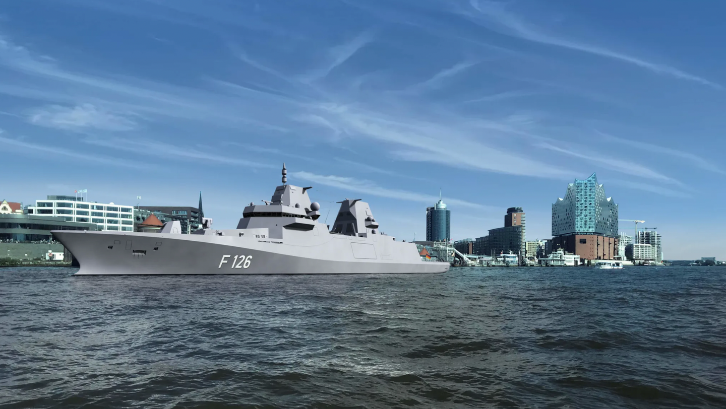 An artist’s concept shows an F126 frigate in the port of Hamburg. <em>Damen</em>
