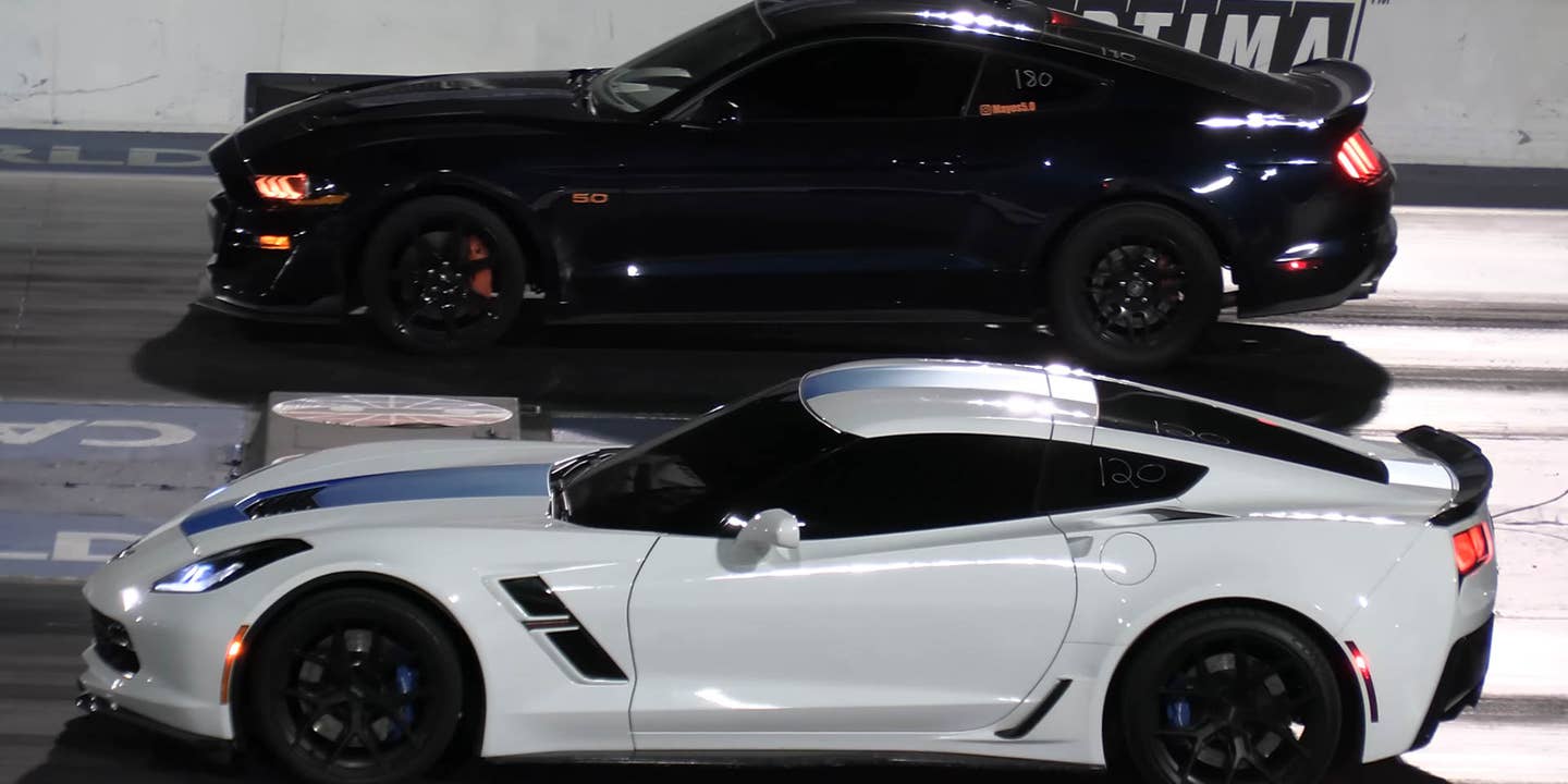 Ford Mustang vs C7 Corvette Drag Race Ends, How Else, With the Mustang in the Wall