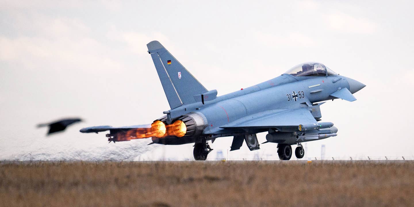 05 December 2023, Romania, Constanta: A German Eurofighter takes off from Mihail Kogalniceanu airfield near Constanta (Romania). The German Air Force is currently supporting NATO member Romania with Eurofighter combat aircraft and a defense system against small unmanned aerial vehicles in the NATO program "Enhanced Air Policing South". The Bundeswehr contingent consists of a total of 150 soldiers.