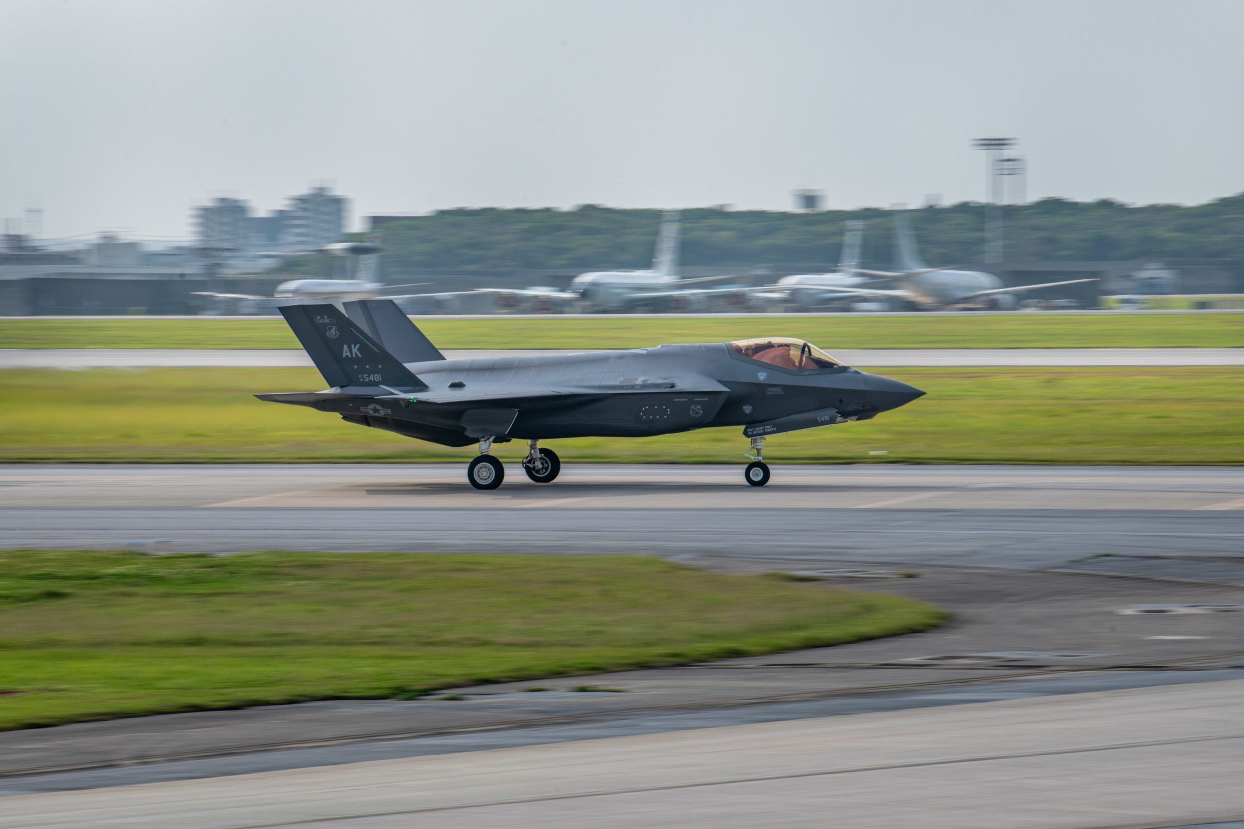 A U.S. Air Force F-35A Lightning II assigned to the 354th Fighter Wing at Eilson Air Force Base, Alaska, lands at Kadena Air Base, Japan, March 28, 2023. The F-35 is a fifth-generation fighter, combining advanced stealth with fighter speed and agility, fully fused sensor information, network-enabled operations and advanced sustainment. (U.S. Air Force photo by Airman 1st Class Alexis Redin)