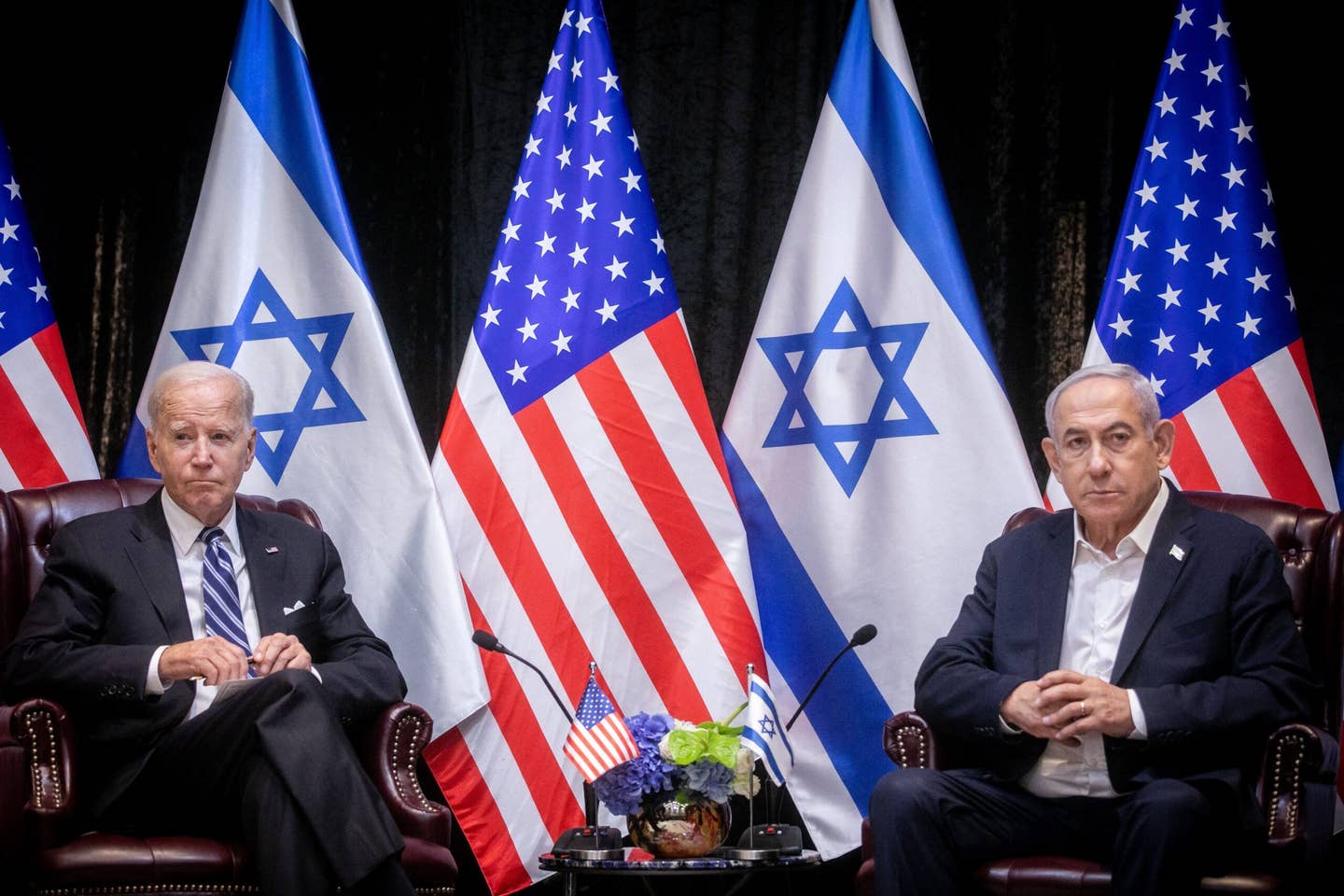 US President Joe Biden (L), sits with Israeli Prime Minister Benjamin Netanyahu. (Photo by Miriam Alster / POOL / AFP) (Photo by MIRIAM ALSTER/POOL/AFP via Getty Images)
