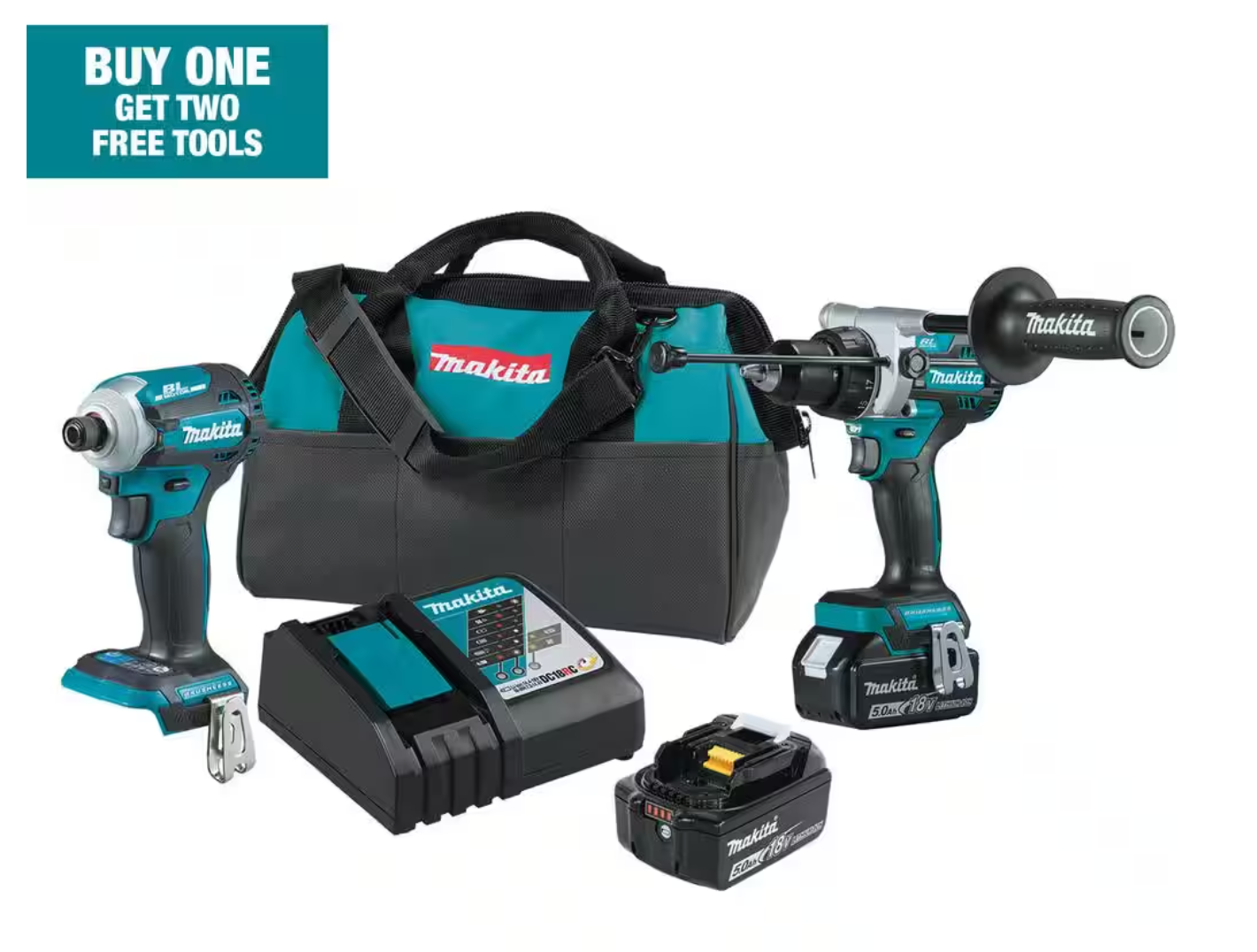 Makita 18V LXT 1/2" Impact Driver and Hammer Drill-Driver Kit, Batteries, Charger + Free Tools for $399