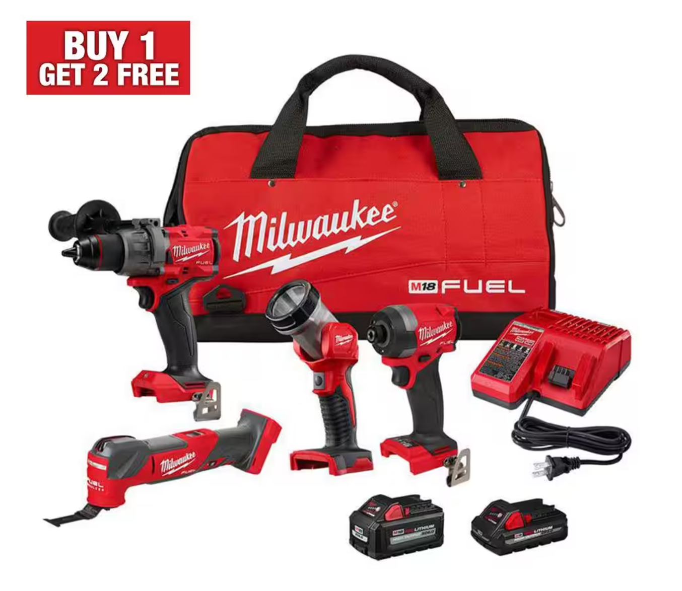 Milwaukee M18 FUEL 18V Four-Tool Combo Kit, High-Output Batteries, Charger + Free Tools for $599