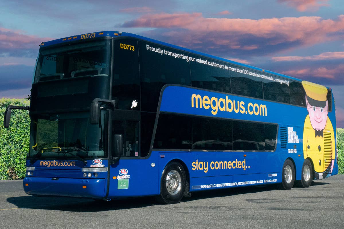A Megabus intercity double-decker coach bus