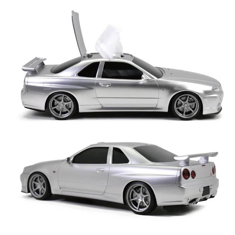 Nissan Skyline GT-R (R34) tissue dispenser, silver, from two angles