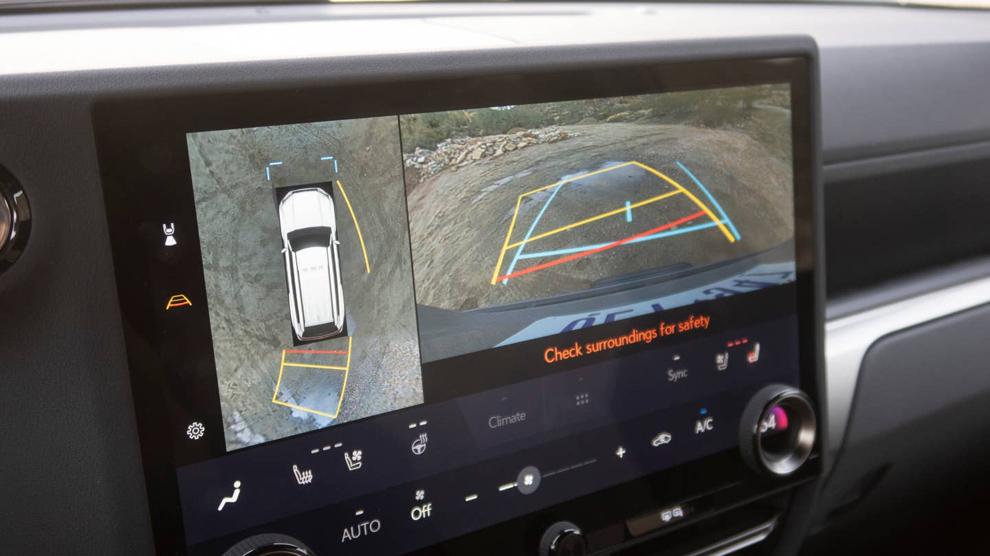 The camera setup is showing a pretty standard view here, but it can also display "under" the vehicle as you move forward in another mode. <em>Andrew P. Collins</em>