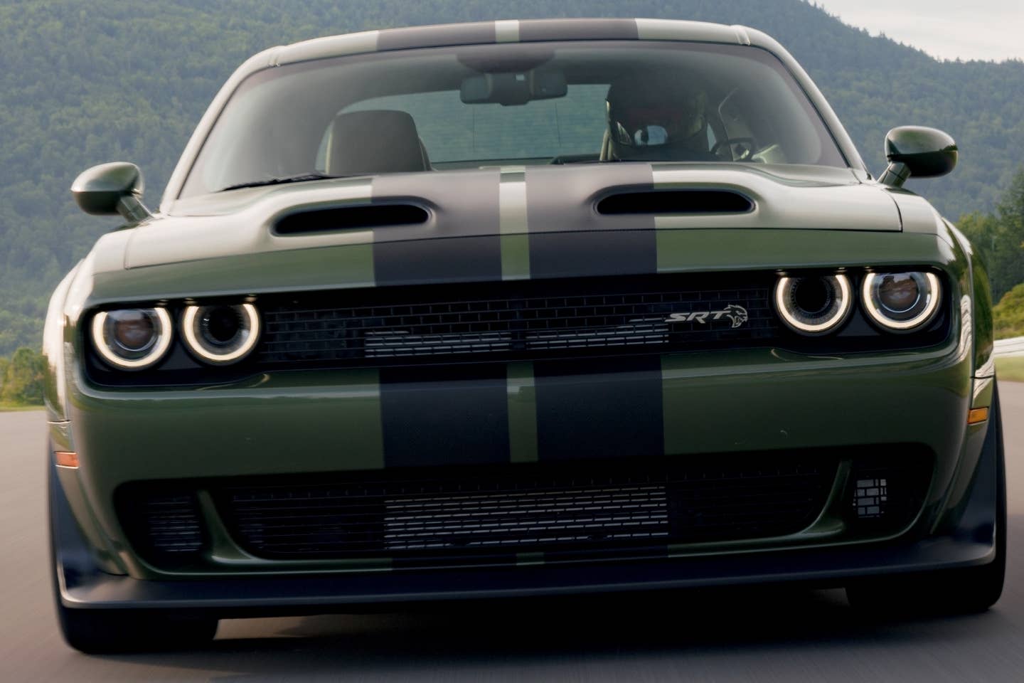 2023 Dodge Challenger SRT Hellcat Widebody in F8 Green with dual carbon stripes