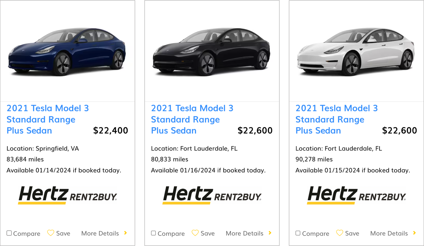 Used Tesla Model 3s in Hertz's Rent2Buy database