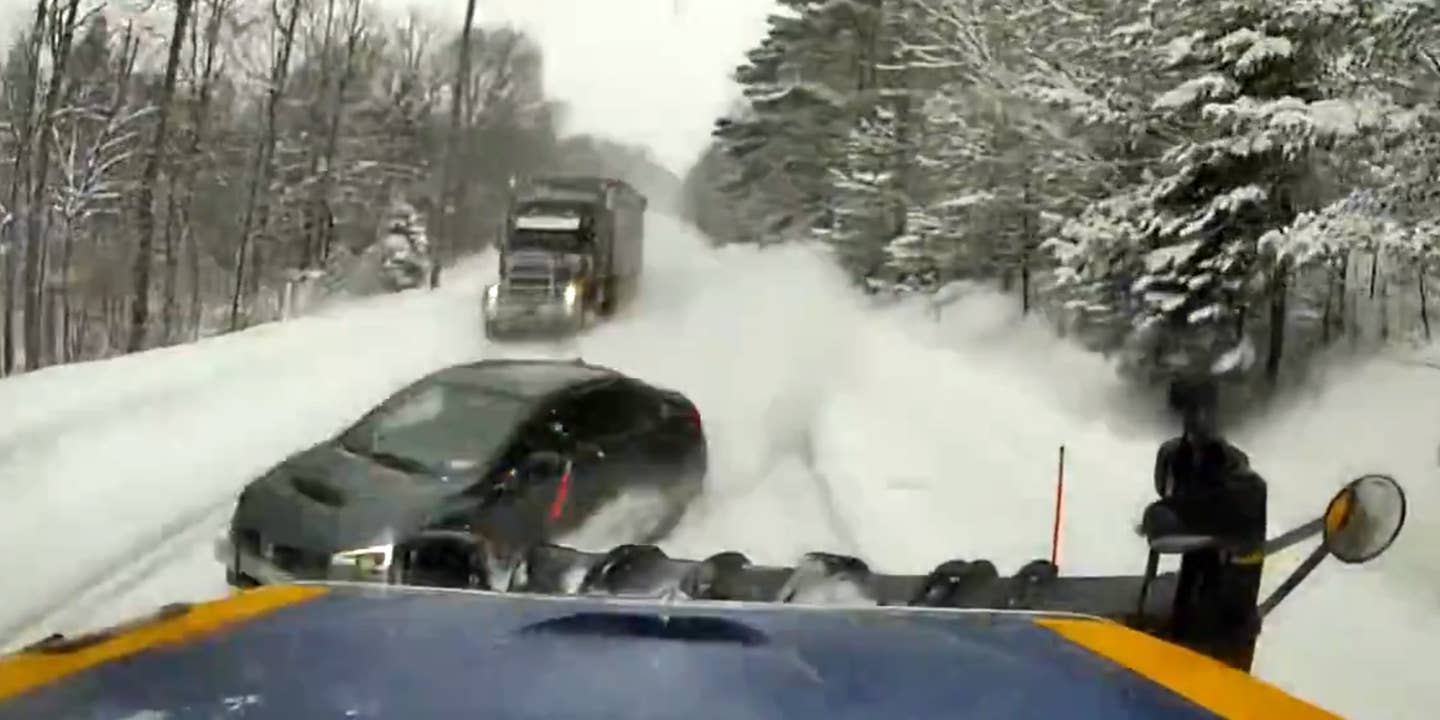 Subaru WRX Driver Hits Plow, Rips Car in Half After Bonehead Pass