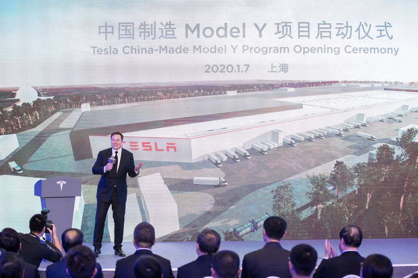 Tesla CEO Elon Musk speaks at the Tesla China-Made Model Y Program Opening Ceremony in east China's Shanghai, Jan. 7, 2020