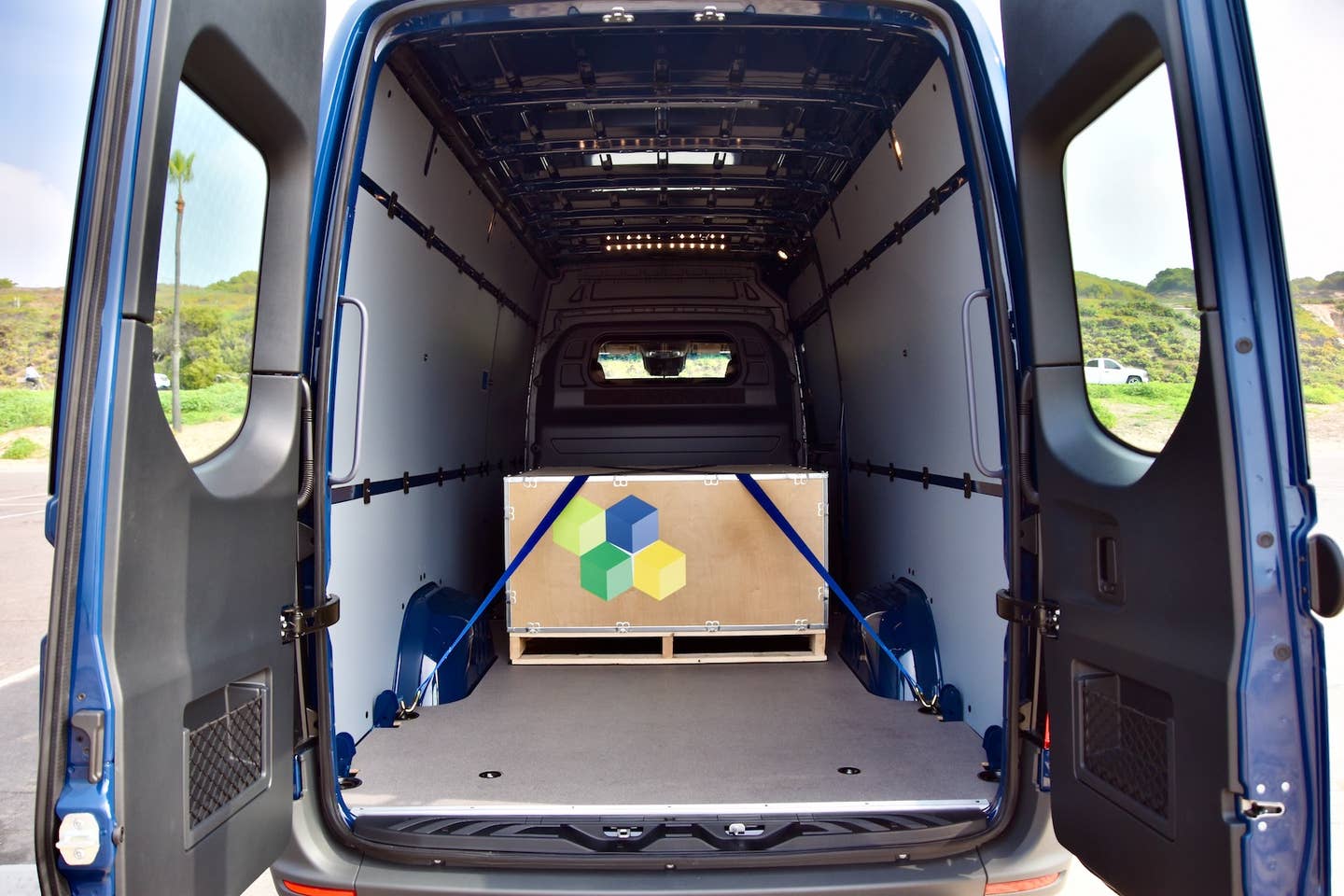 2024 Mercedes-Benz eSprinter cargo area rear view through back doors
