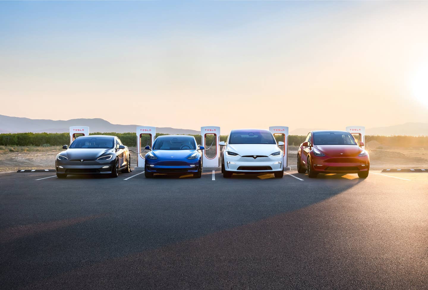 Tesla lineup at a Supercharger station