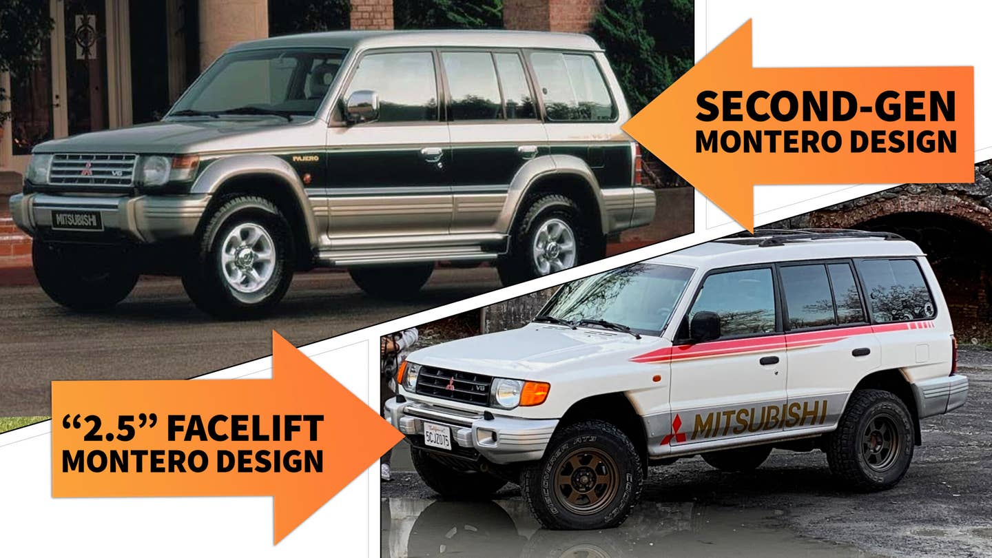That's a non-U.S. gen-two Montero (known as a "Pajero") in the left picture, but the design is the same for the vehicle we got stateside. With this comparison, you can see how the fenders and two-tone look evolved. That's my truck in white; my wife and I designed the graphics specifically to accentuate the fenders. <em>Mitsubishi; Andrew P. Collins</em>