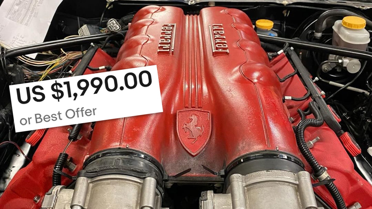 A Ferrari F136 V8 with a price tag overlaid on it