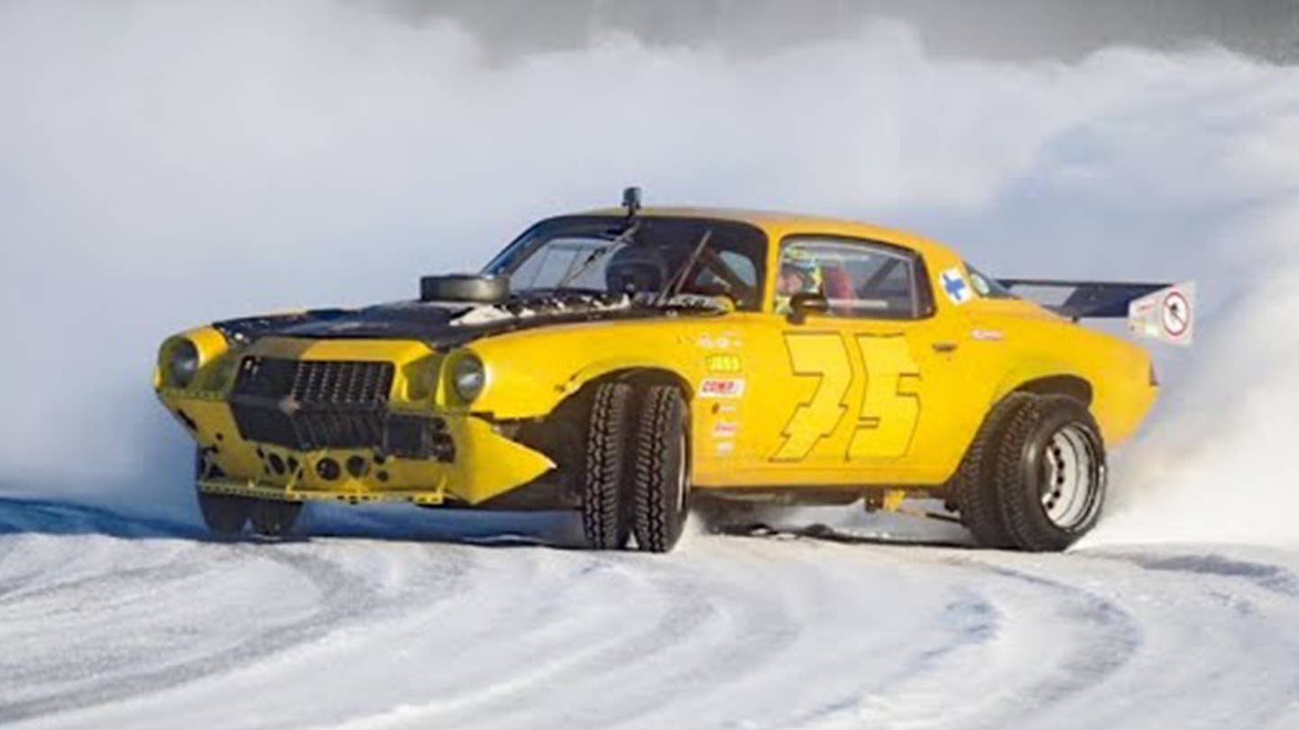 Big-Block Chevrolet Camaro Ice Racer Runs Double Dually Studded Tires