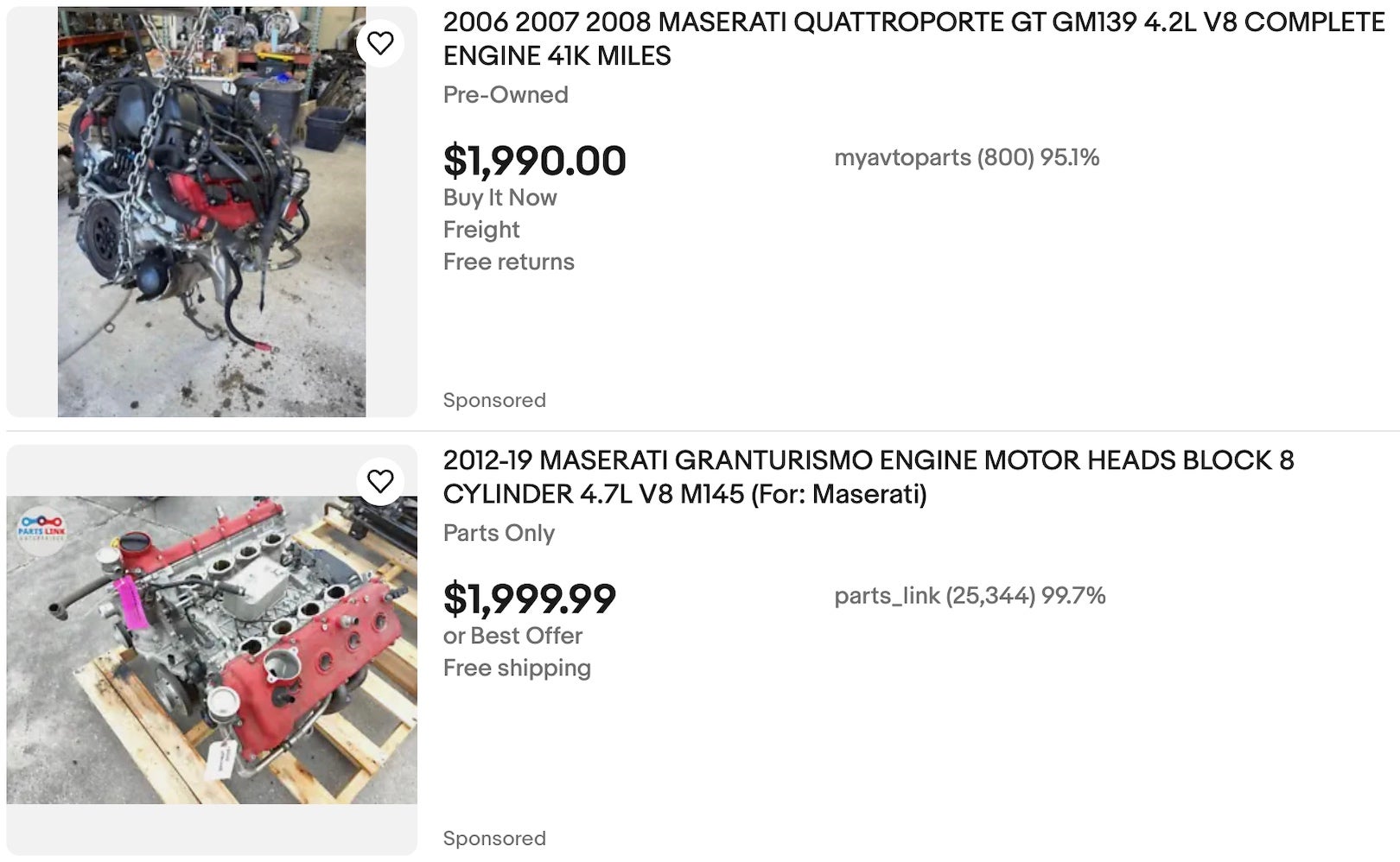 eBay listings for Ferrari-made V8s under $2,000