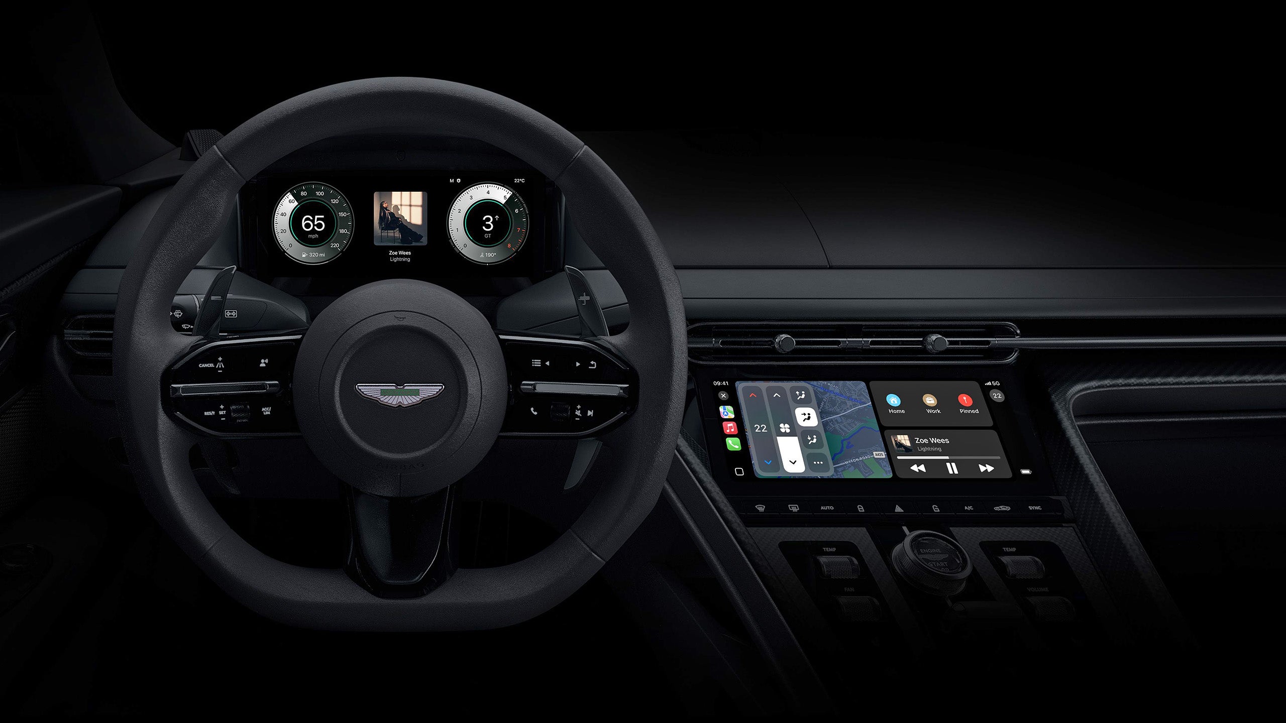 A mockup of the new CarPlay experience that will launch in 2024 in select Aston Martin models.