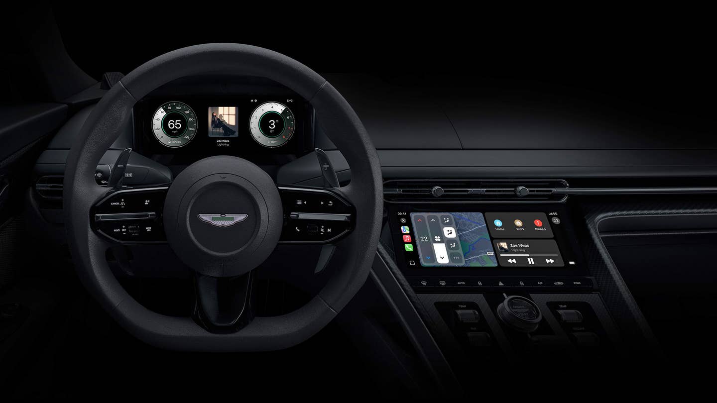 A mockup of the new CarPlay experience that will launch in 2024 in select Aston Martin models. Notice how it covers the gauge cluster, too.