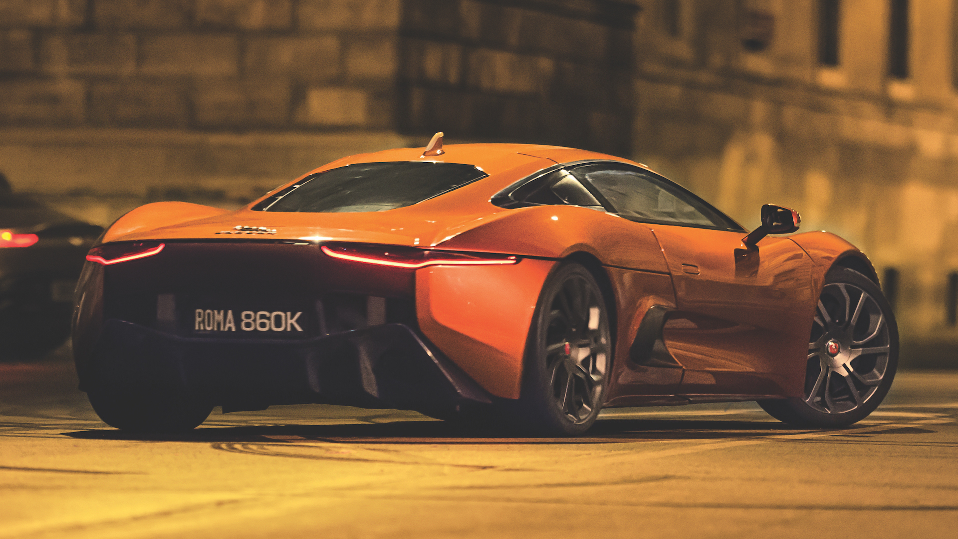 Hinx's Jaguar chasing Bond's Aston on the Corso Vittorio in Rome. Movie car circa 2015.