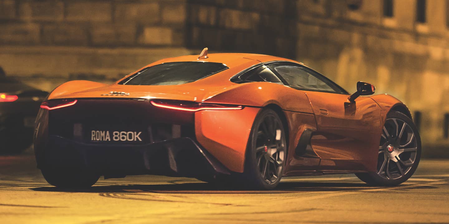 Hinx's Jaguar chasing Bond's Aston on the Corso Vittorio in Rome. Movie car circa 2015.