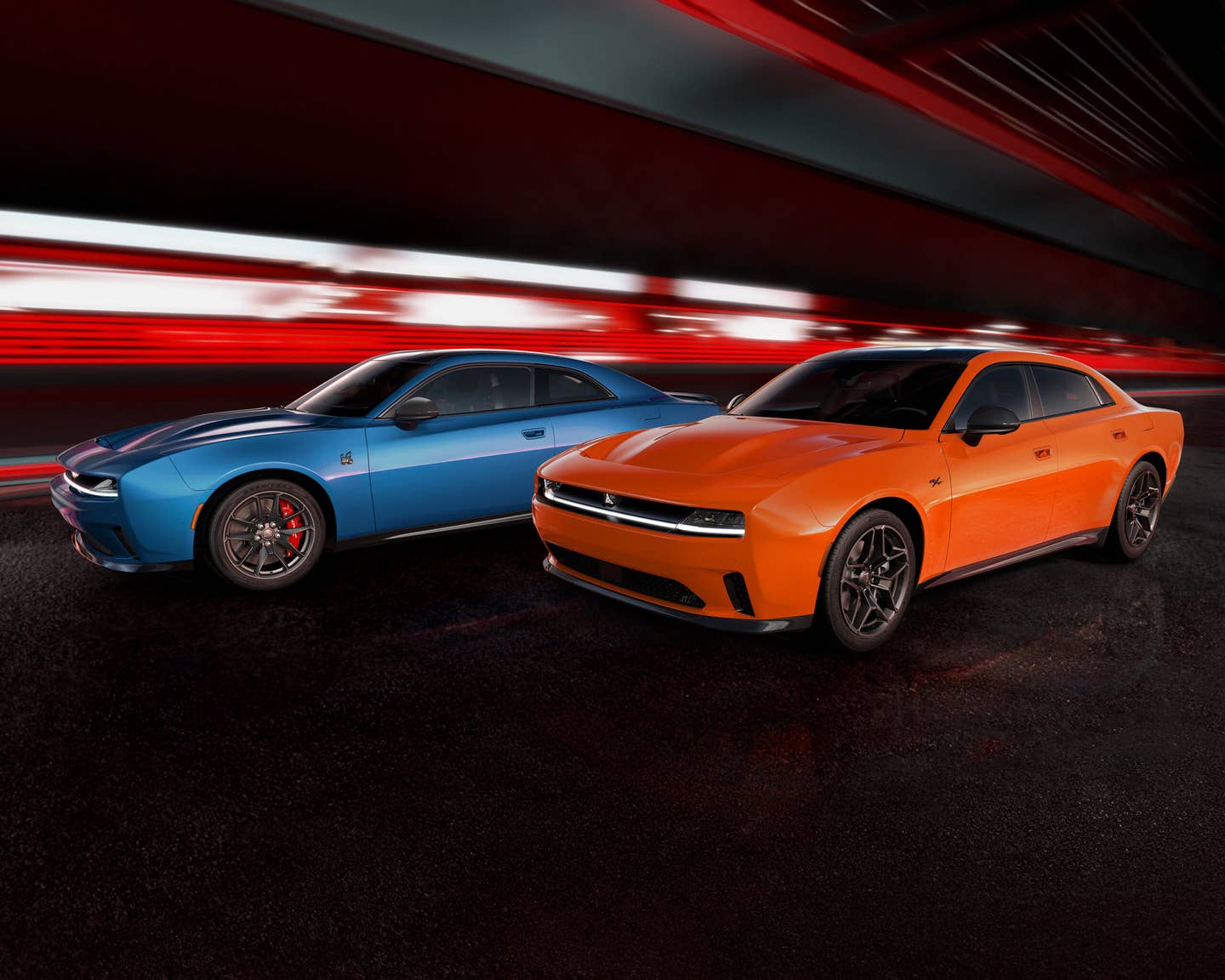 The Dodge Charger Daytona Scat Pack (shown in Bludicrous) and Dodge Charger Daytona R/T (shown in Peel Out) represent the first–ever all-electric vehicles from the Dodge brand.