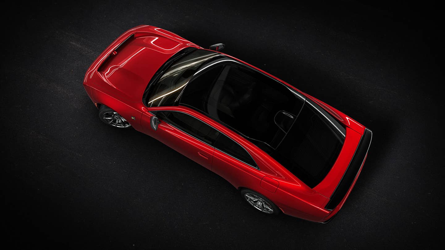 An arial view of the Dodge Charger Daytona Scat Pack showcases the optional full-length glass roof and large rear hatch that work together to provide an expansive glass canopy.
