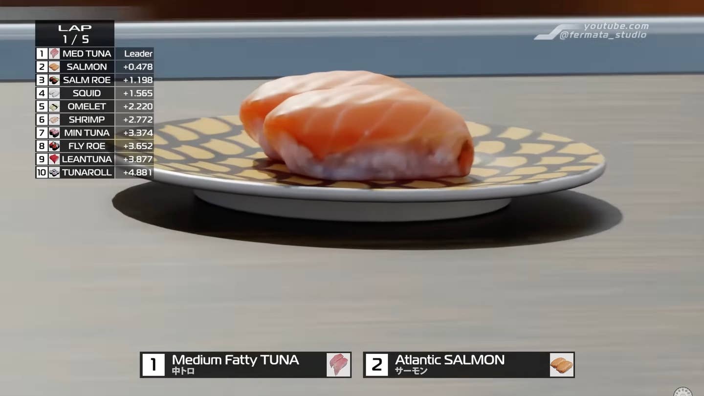 A plate of salmon nigiri races with F1-style broadcast graphics