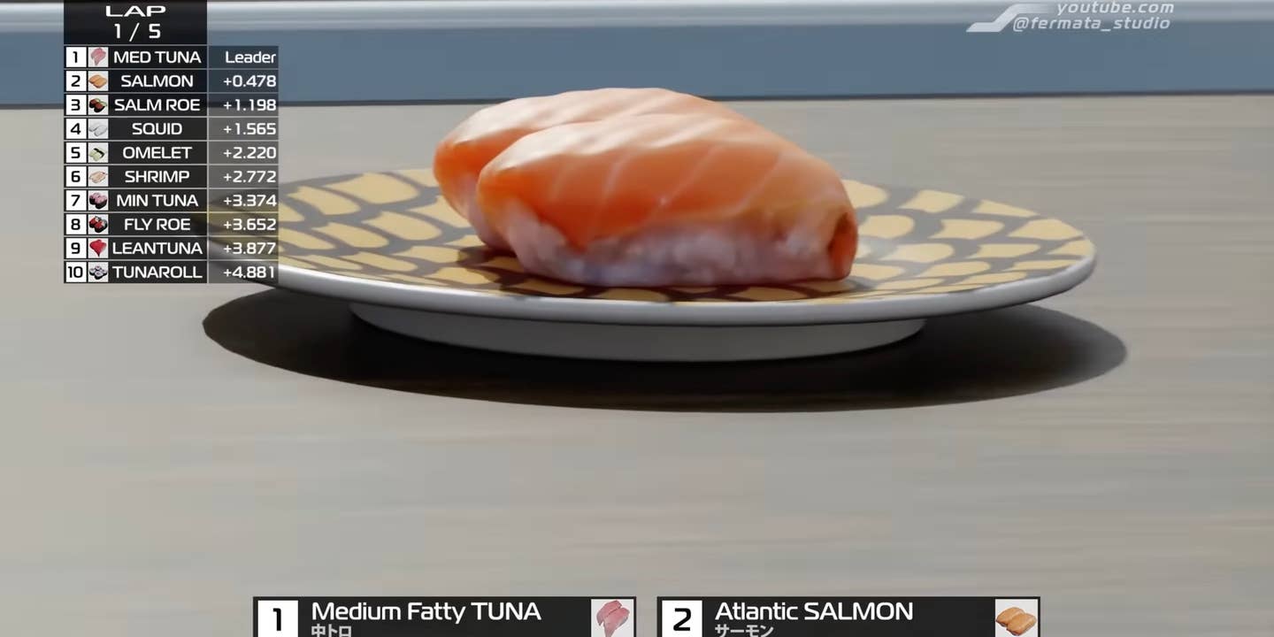 A plate of salmon nigiri races with F1-style broadcast graphics