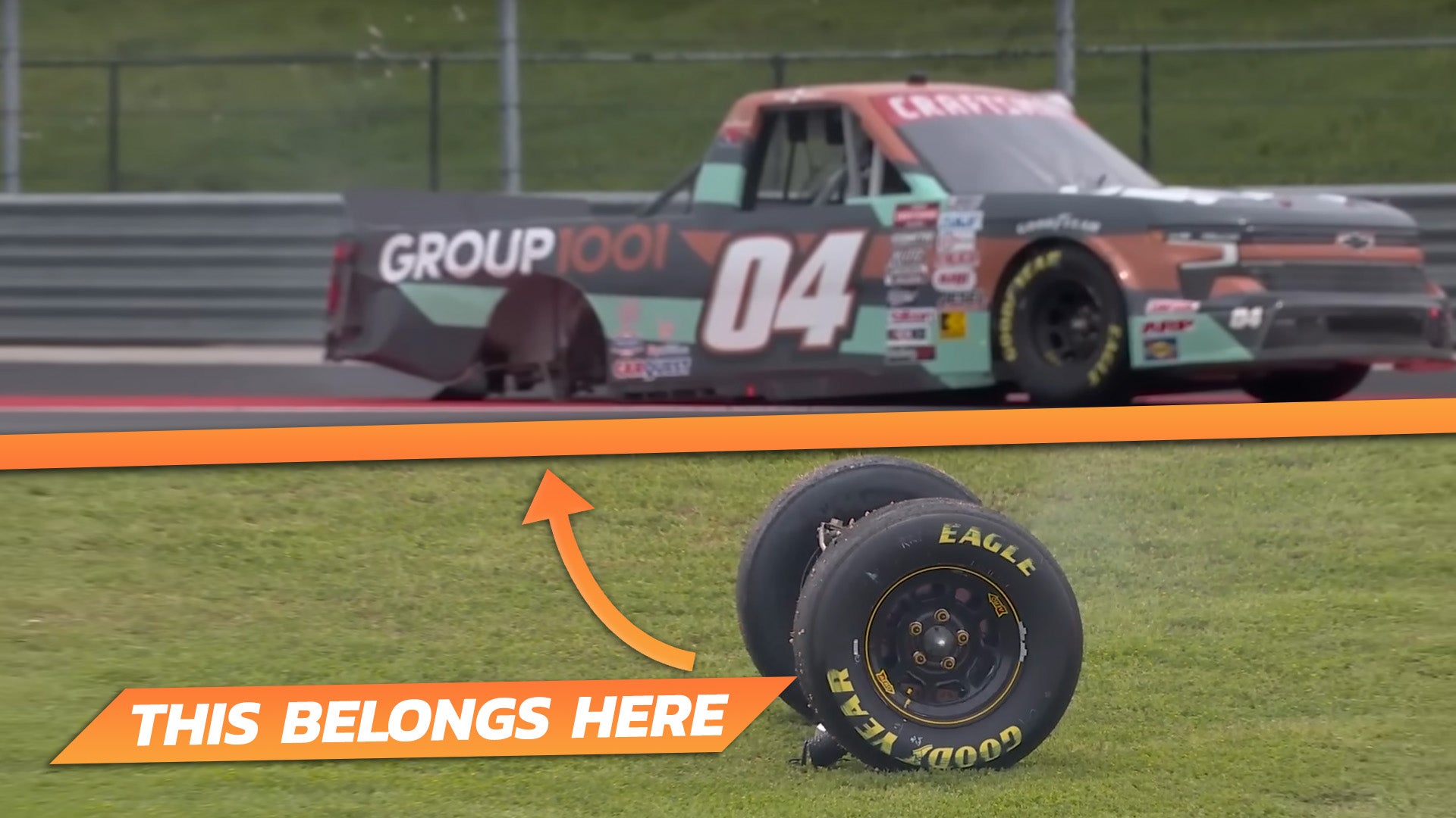 The back end of a NASCAR truck completely detached during a race at COTA.