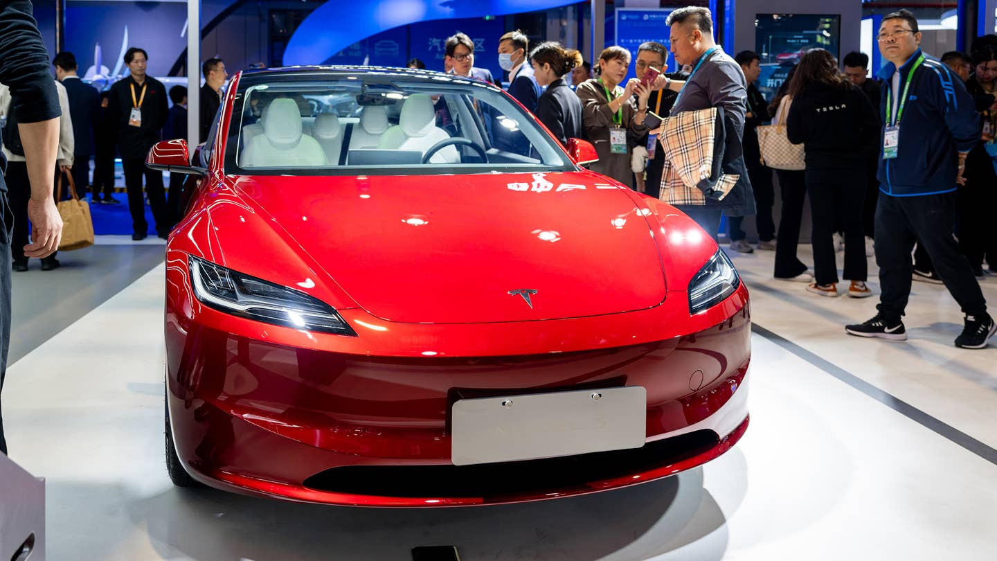 A new Tesla Model 3 "Highland" is on display at the China International Import Expo in November 2023.