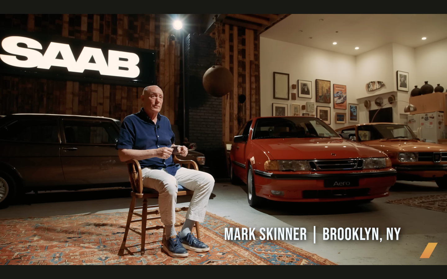 Skinner's garage is as classy of space as any, it just happens to house a collection of old Saabs and memorabilia. <em>Tom Gorelik</em>