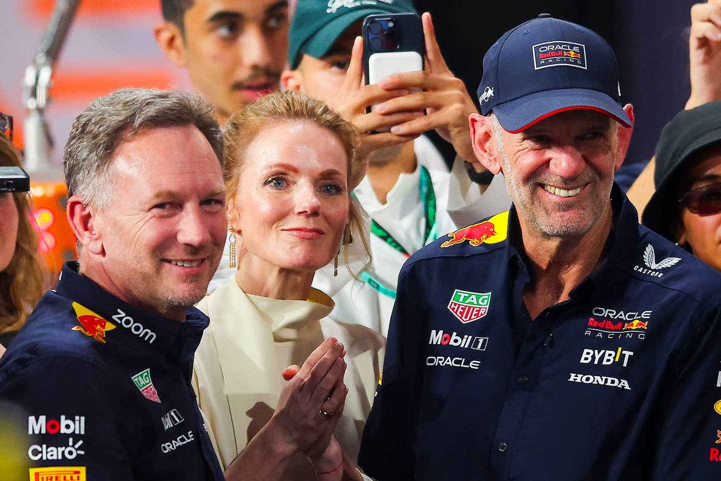 Geri Horner, Red Bull Racing Team Principal Christian Horner and Adrian Newey, the Chief Technical Officer of Red Bull Racing enjoy the podium celebration during the F1 Grand Prix of Saudi Arabia. <em>Getty</em>
