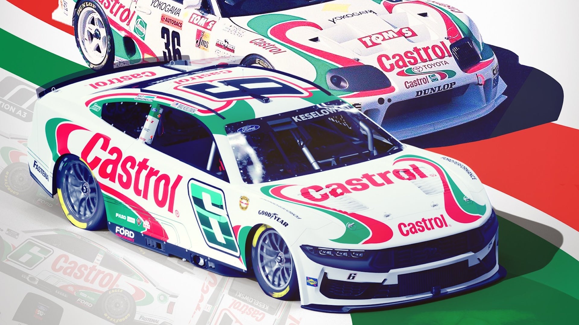 The NASCAR Mustang appears to have taken inspiration from Toyota’s Castrol TOM Supra livery.
