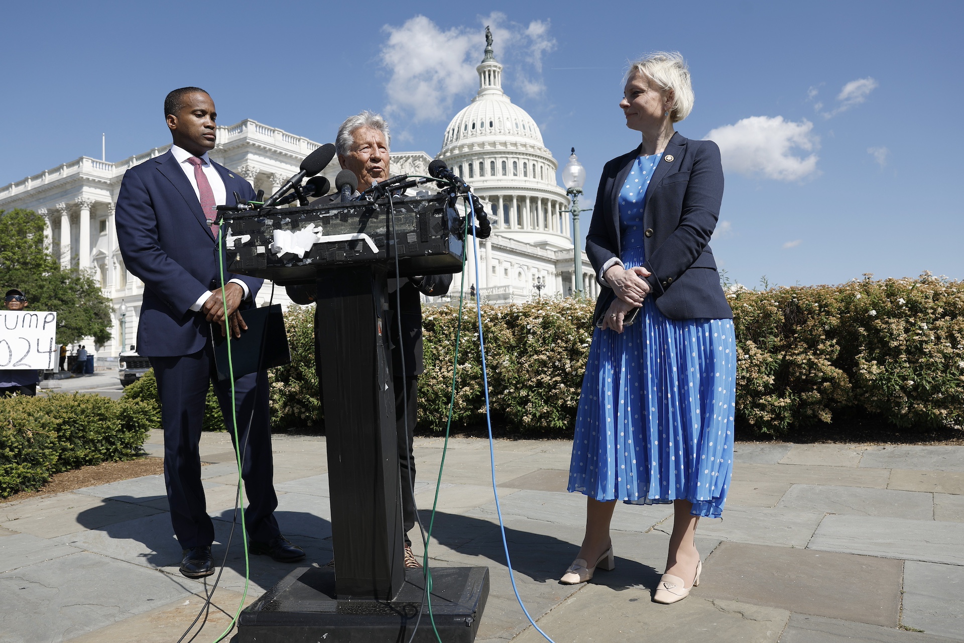 Mario Andretti listens during a news conference alongside Rep. John James (R-MI) and Rep. Victoria Spartz (R-IN) on May 01, 2024 in Washington, D.C. James hosted Andretti on Capitol Hill to respond to the F1 management denying his family and General Motors the opportunity to join the global motorsports series. <em>Anna Moneymaker/Getty Images</em>