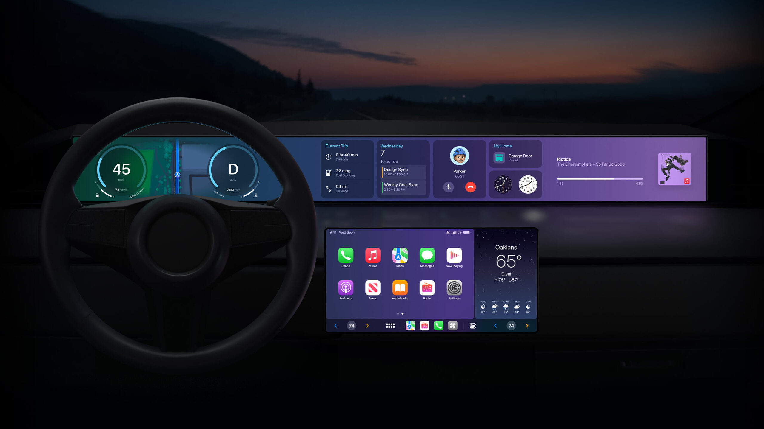 An Apple render of how next-generation CarPlay looks when it's powering multiple screens, including the gauge cluster.