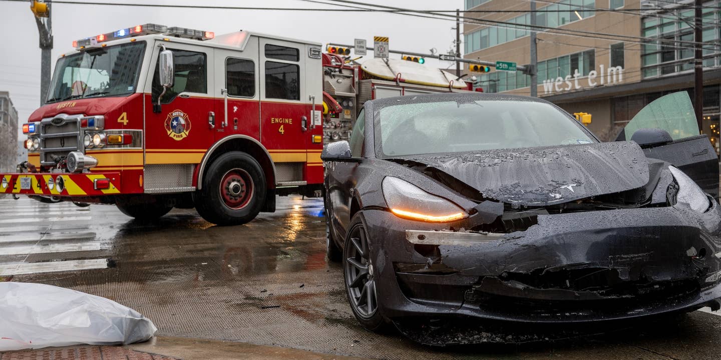 AUSTIN, TEXAS - FEBRUARY 01: A Tesla vehicle is seen damaged from a collision on February 01, 2023 in Austin, Texas. A winter storm is sweeping across portions of Texas, causing massive power outages and disruptions of highways and roads. (Photo by Brandon Bell/Getty Images)