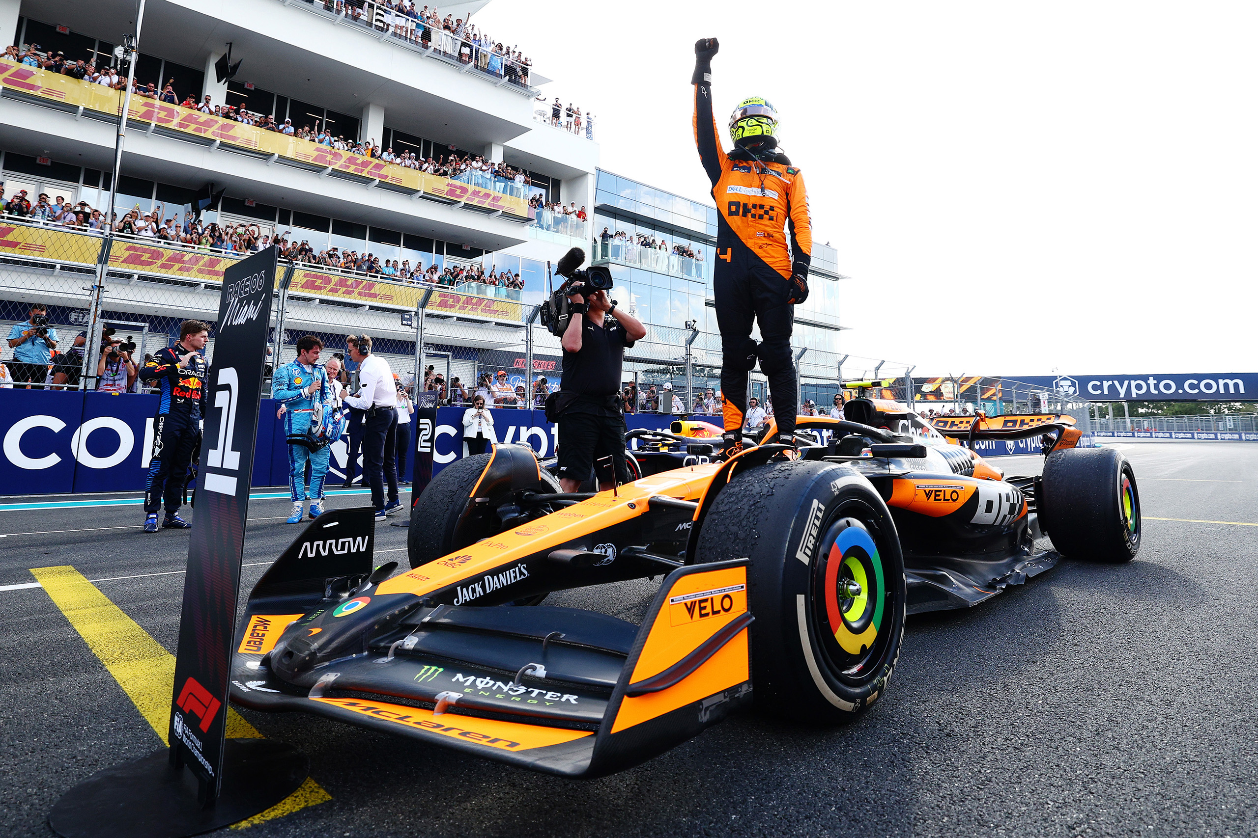 McLaren driver Lando Norris celebrates after his first career Formula 1 win at the 2024 Miami Grand Prix.