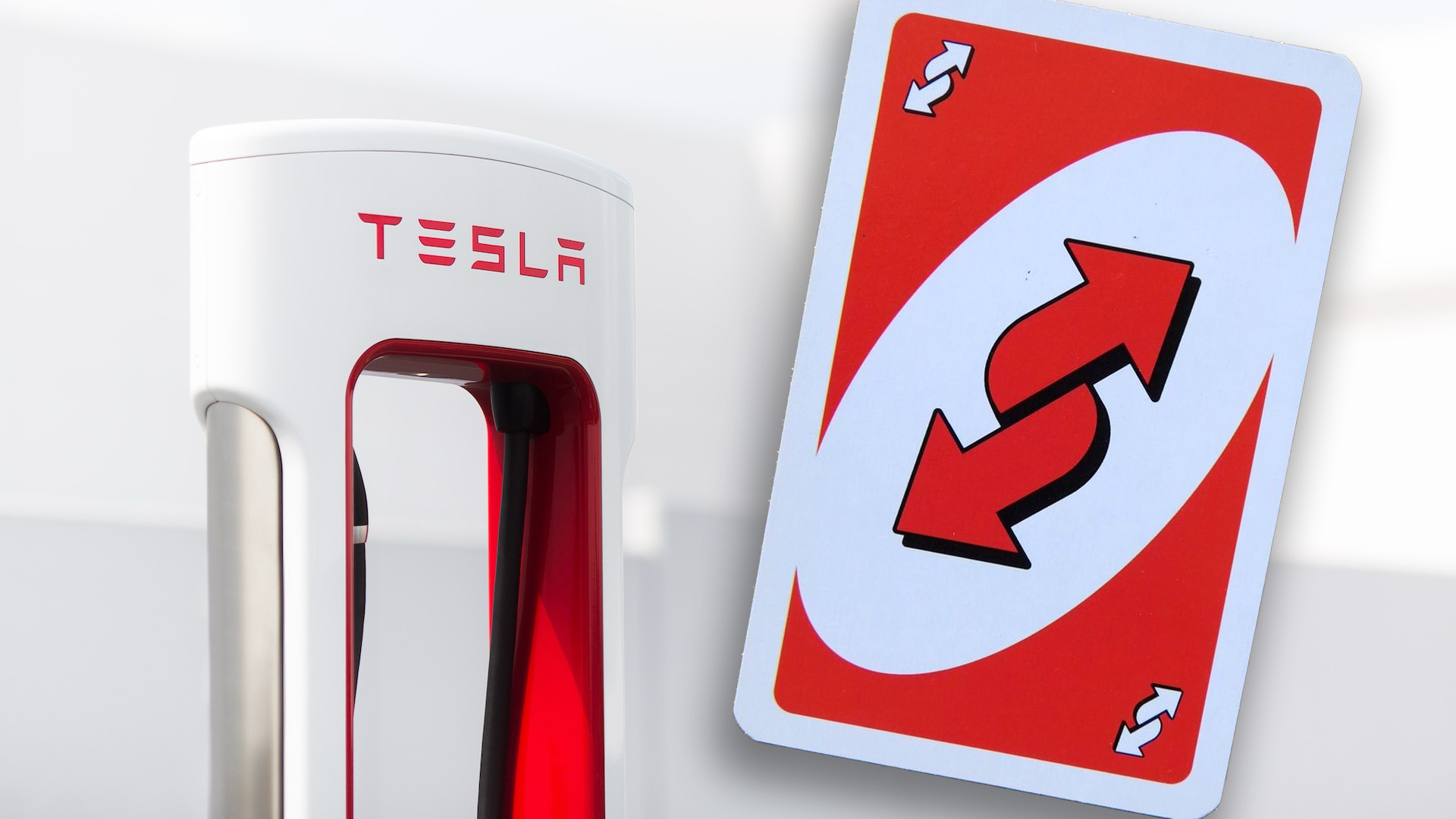 Tesla Supercharger stall with an Uno reverse card overlaid