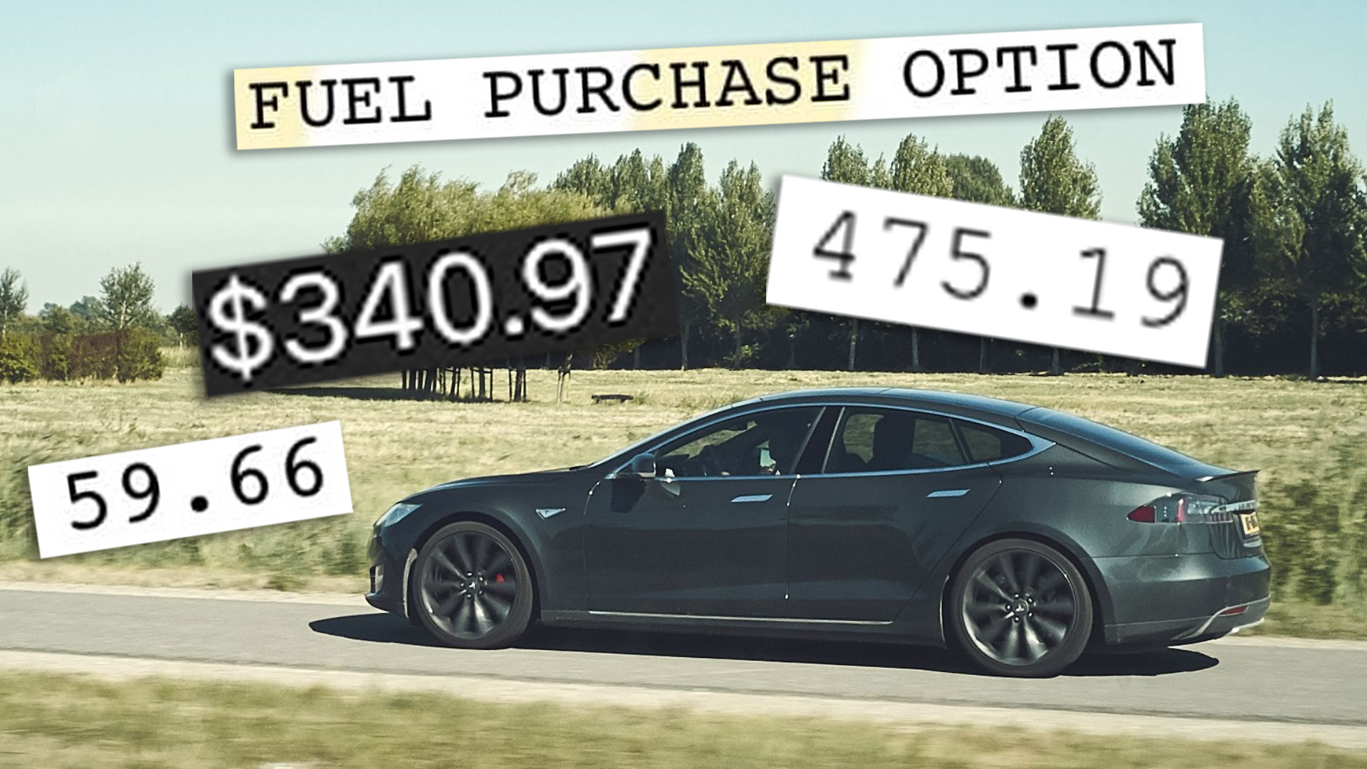 A Tesla Model S drives along a road with crops from Hertz invoices for exorbitant fuel charges overlaid