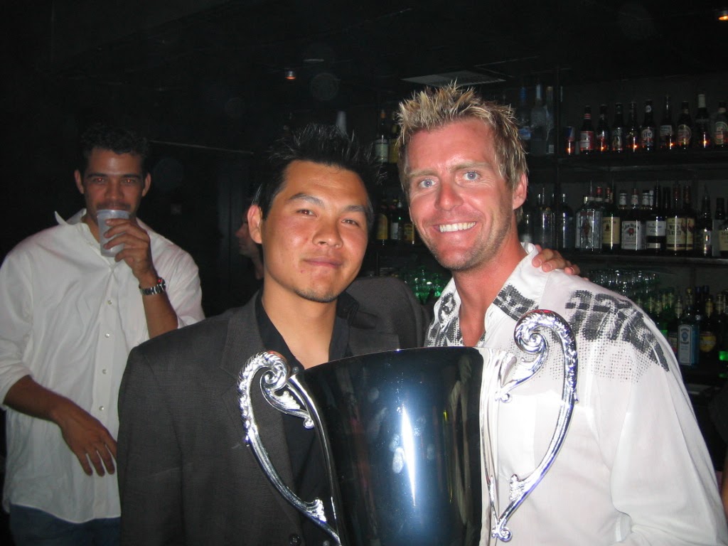 Liaw with Sam Hubinette, first FD champion, FD banquet 2004