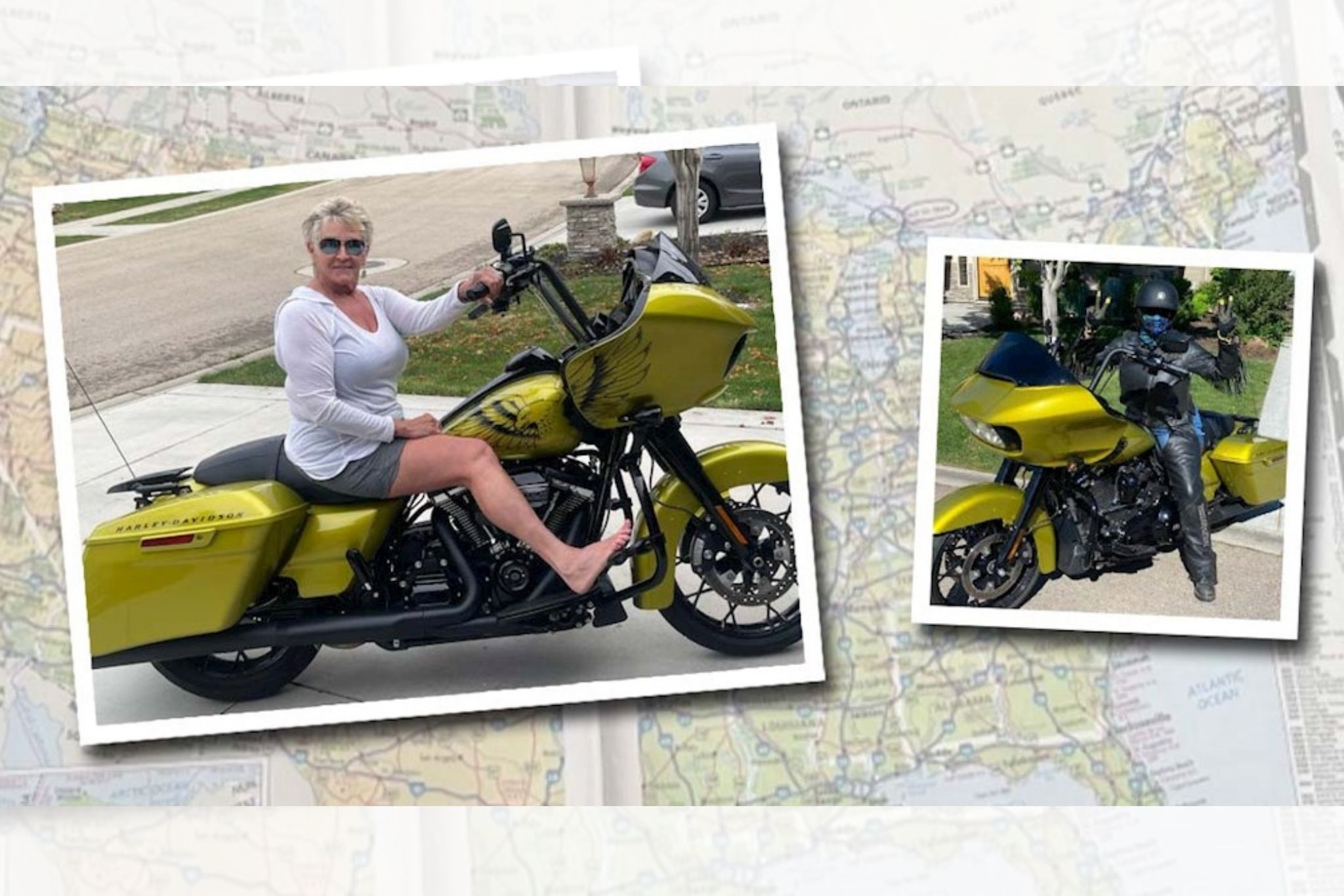 Map of united states behind woman on yellow motorcycle